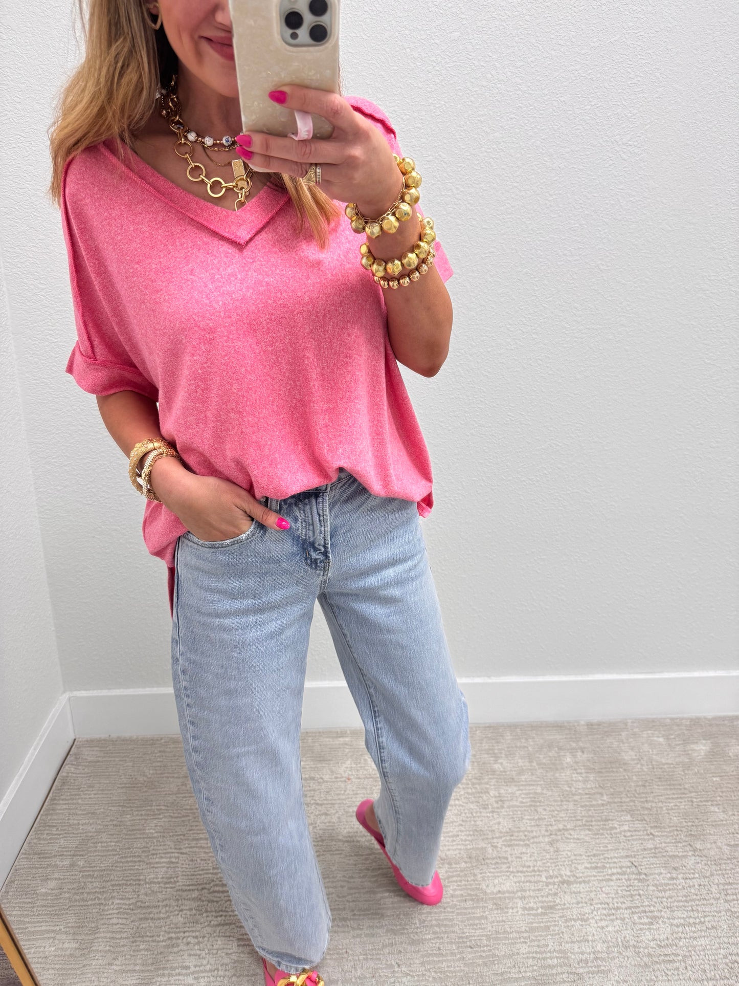 Pink Melange Hacci V-Neck Hi-Low Tee
