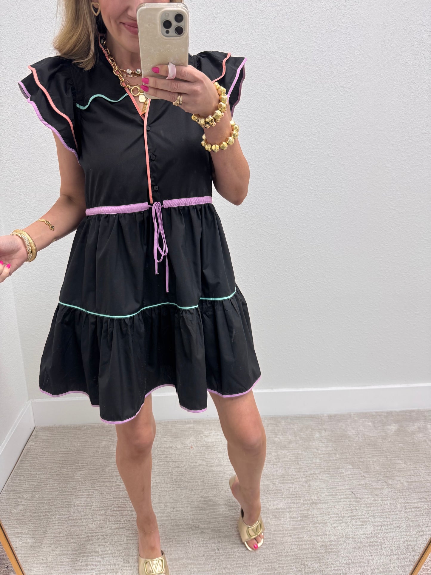 Black Tiered Dress with Color Piping