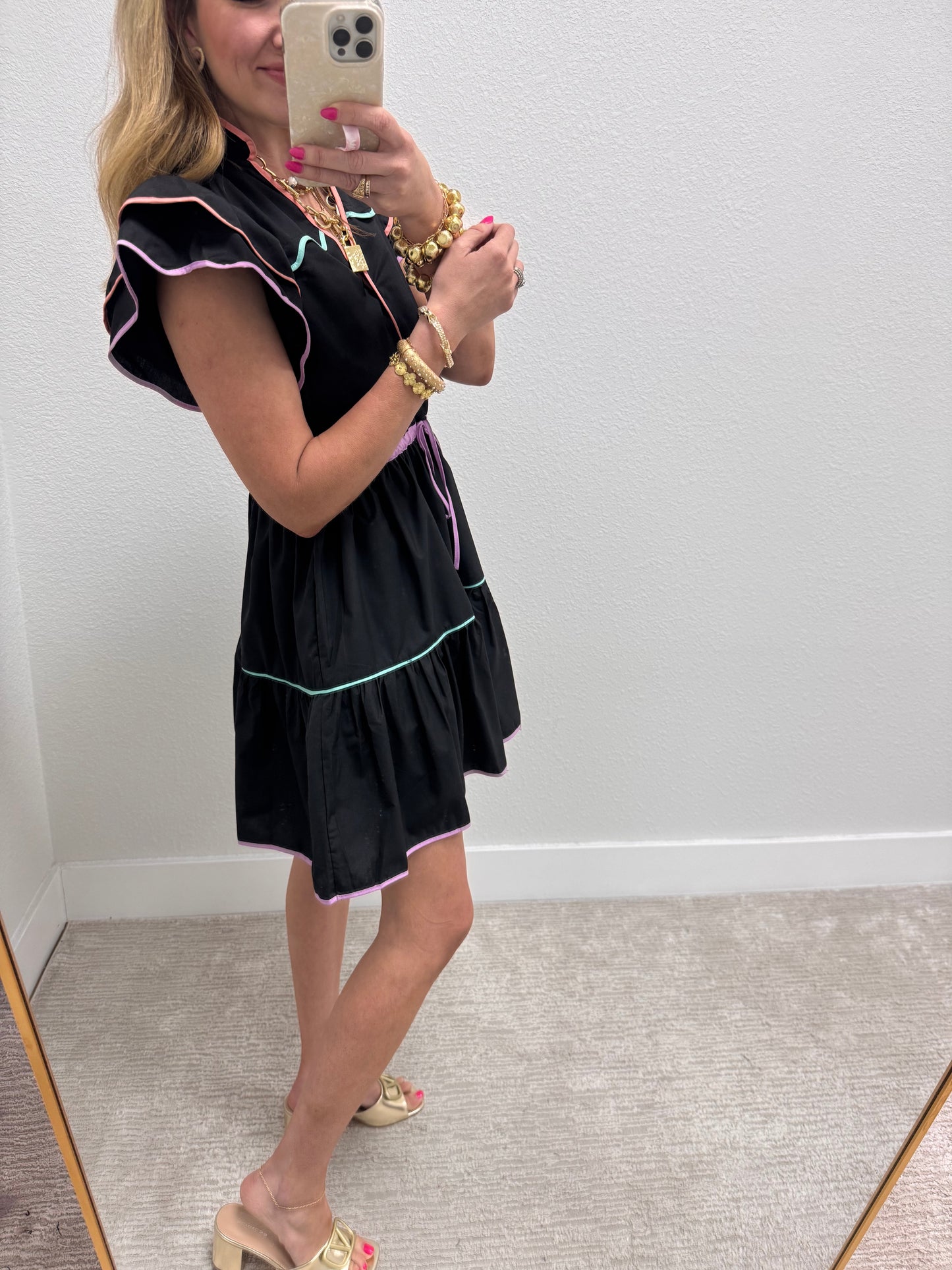 Black Tiered Dress with Color Piping