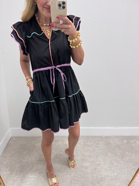 Black Tiered Dress with Color Piping
