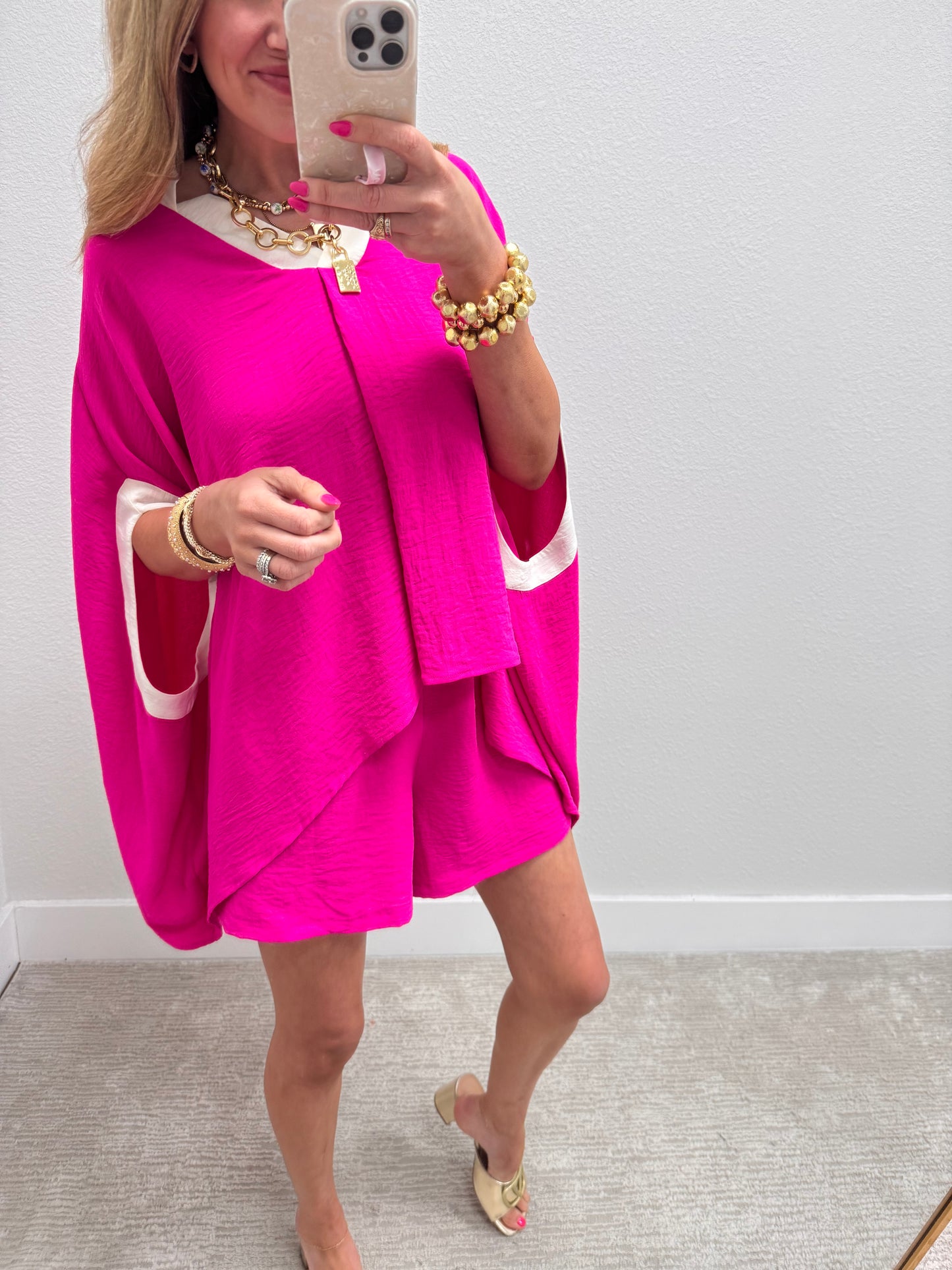 Hot Pink & White Trim Two Piece Short Set
