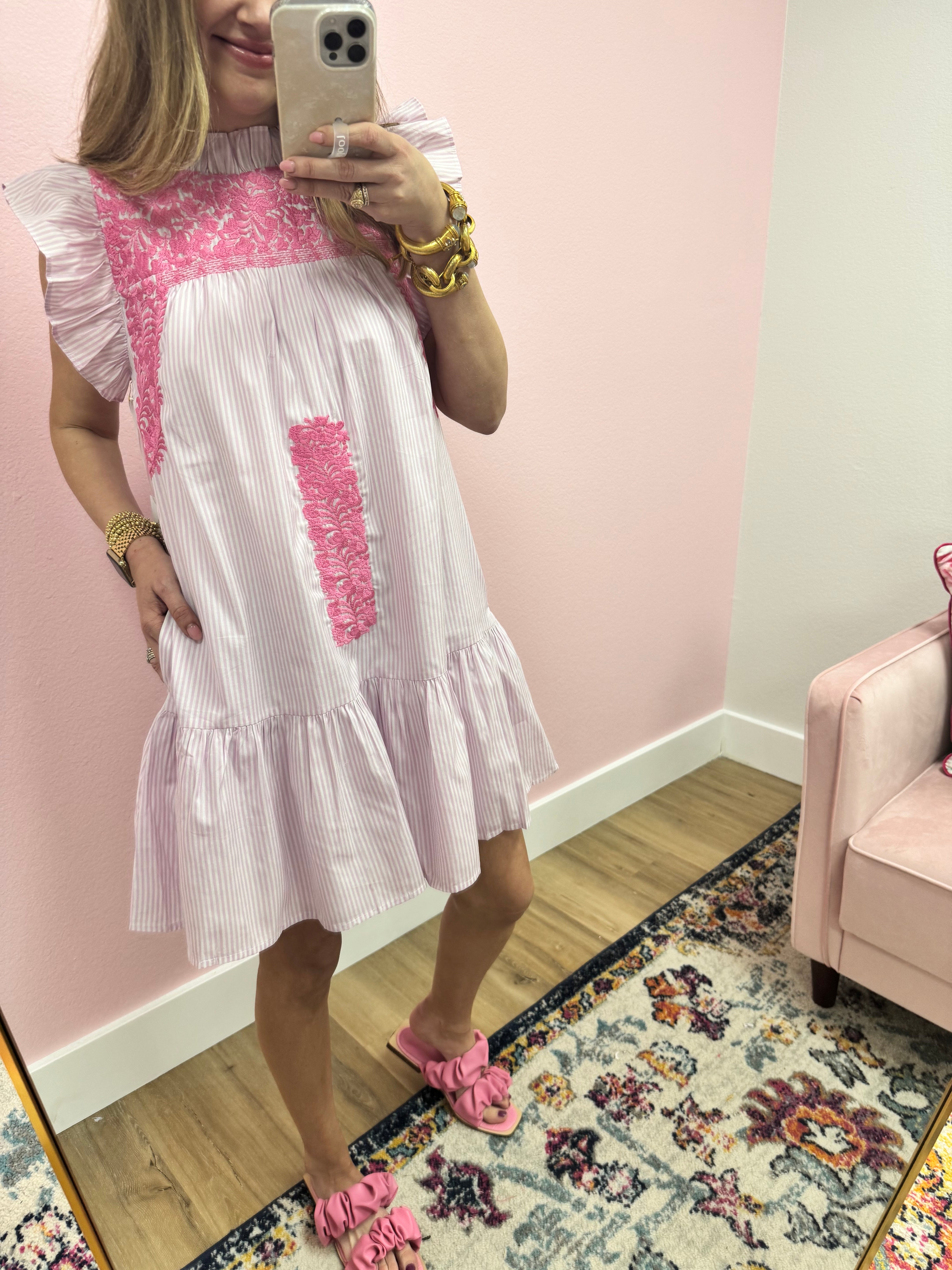 J Marie Pink Embroidered Ruffle Dress