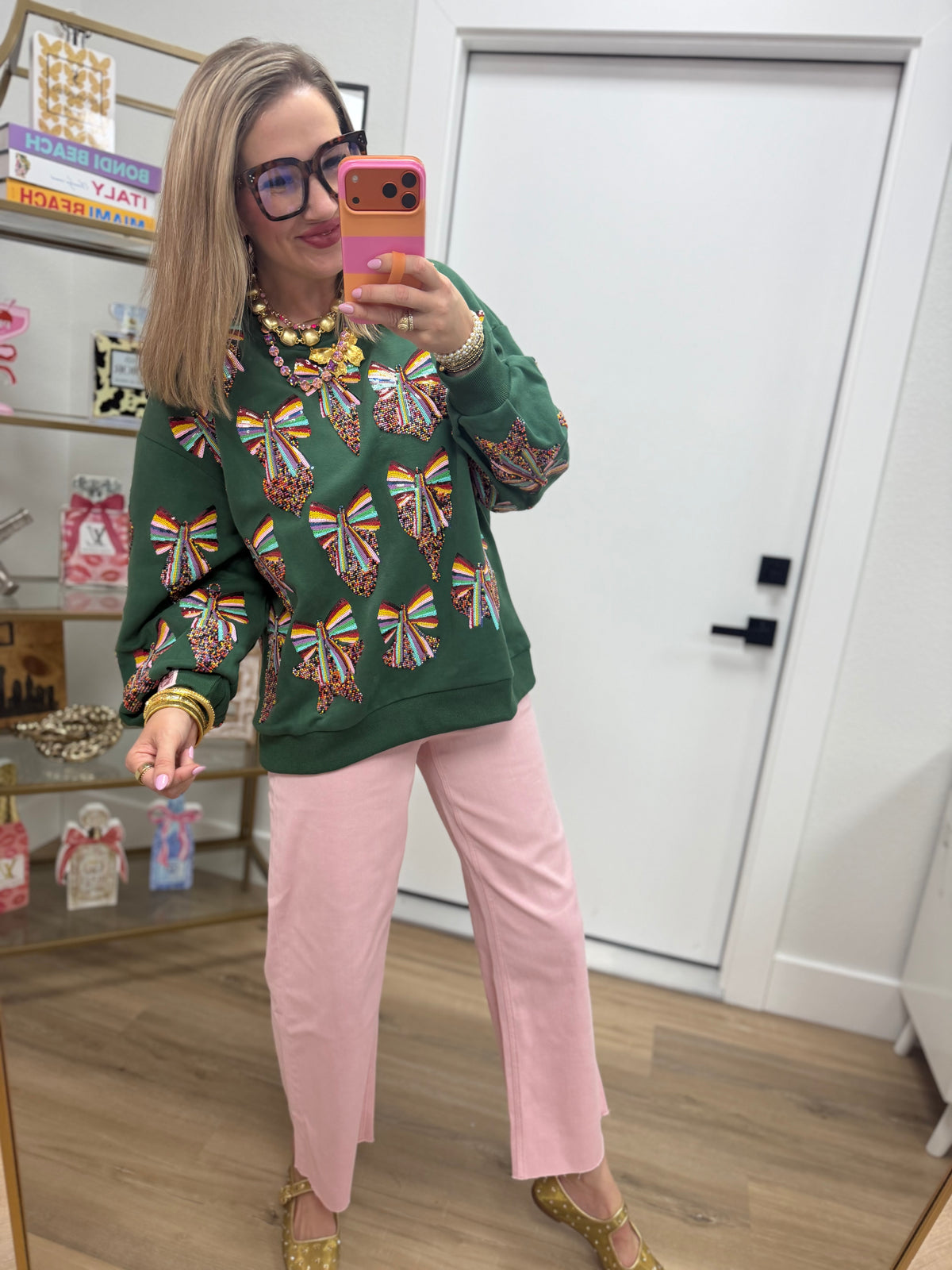 Queen of Sparkles Dark Green Multi Rainbow Beaded Ornament Sweatshirt