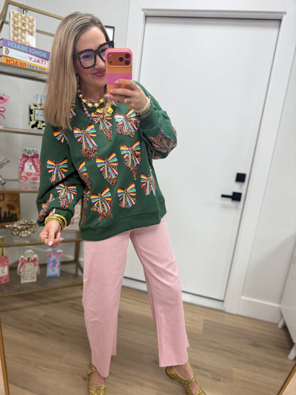 Queen of Sparkles Dark Green Multi Rainbow Beaded Ornament Sweatshirt
