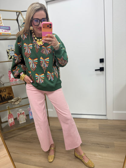 Queen of Sparkles Dark Green Multi Rainbow Beaded Ornament Sweatshirt