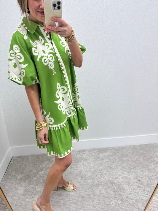 Lime and Cream Printed Shirt Style Dress