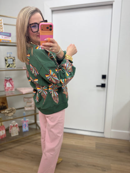 Queen of Sparkles Dark Green Multi Rainbow Beaded Ornament Sweatshirt