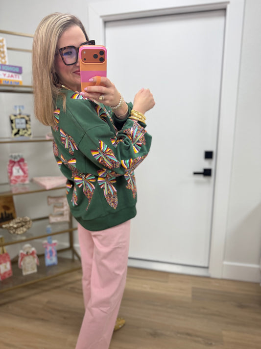 Queen of Sparkles Dark Green Multi Rainbow Beaded Ornament Sweatshirt