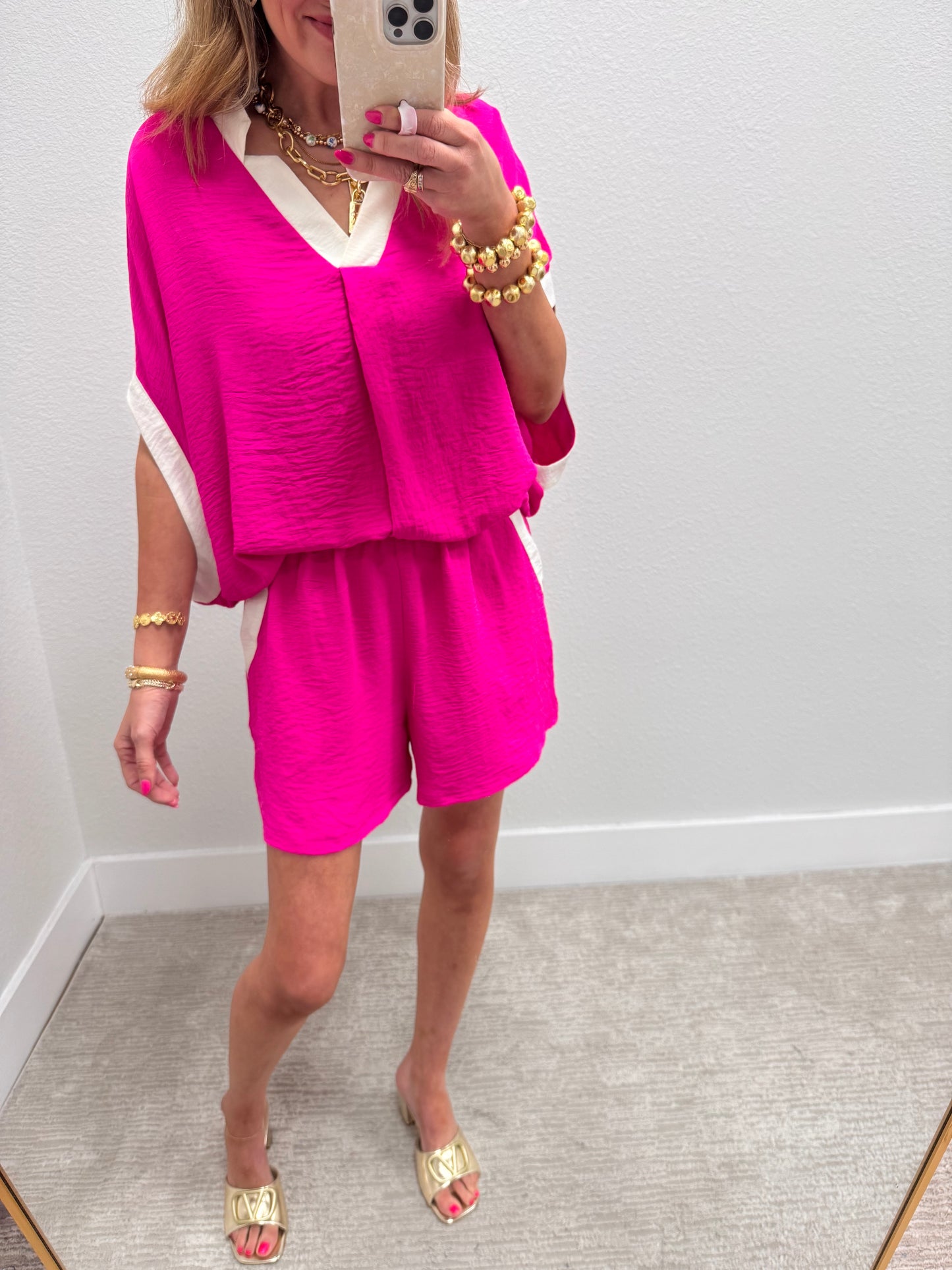 Hot Pink & White Trim Two Piece Short Set