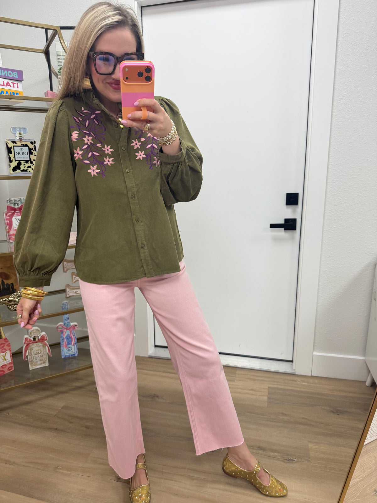Olive Floral Embroidered Button Up Top