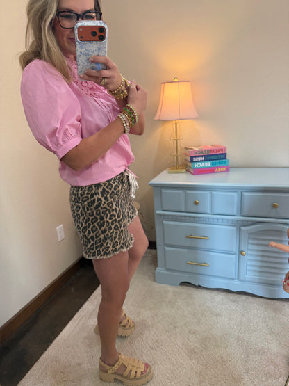 Vervet Drawstring Leopard Denim Shorts