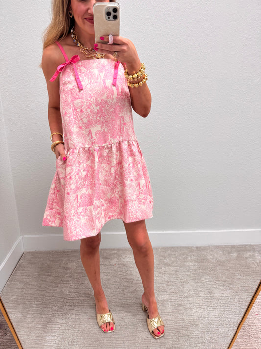 Pink Patterned Dress with Tie Sleeves