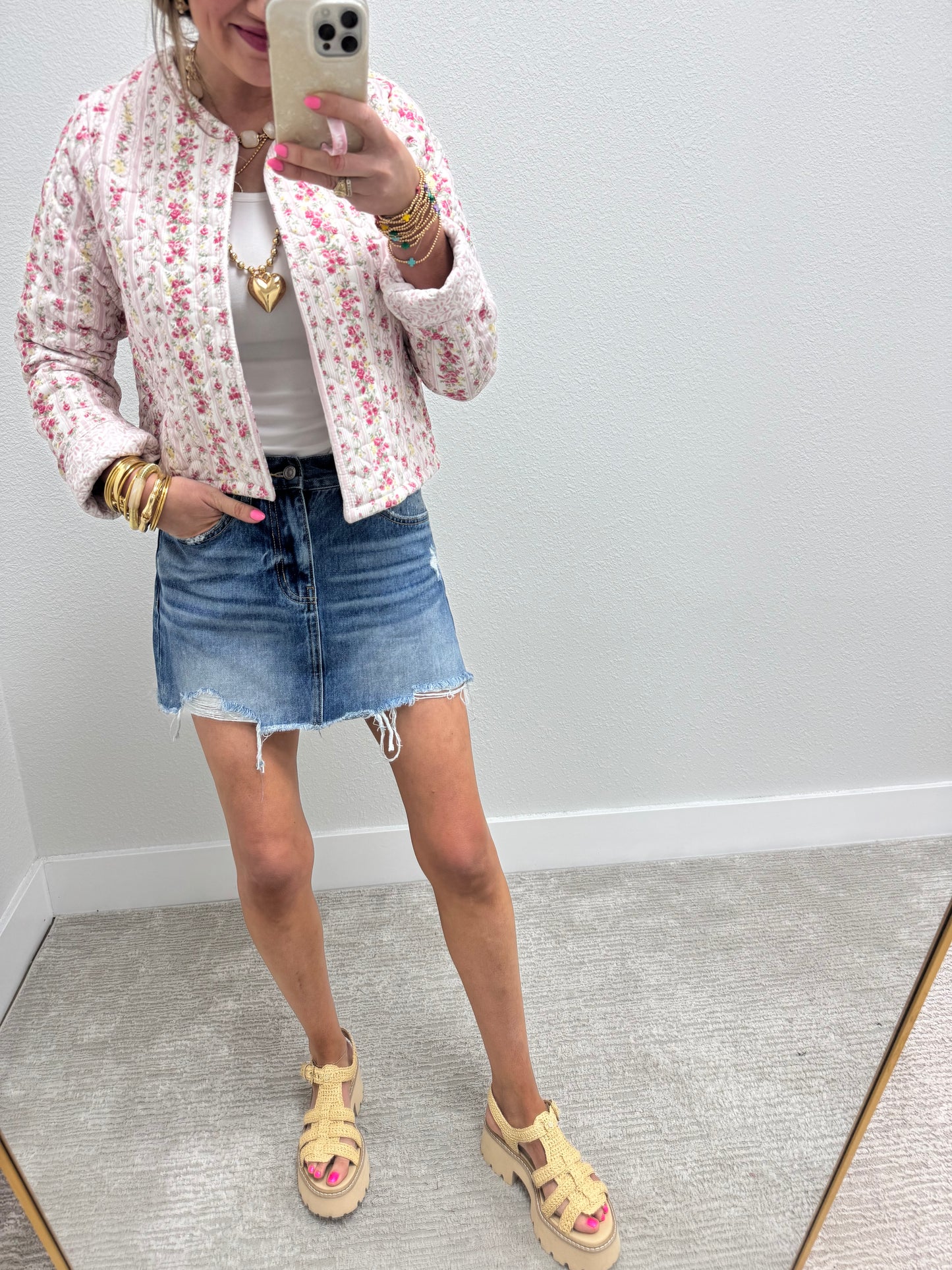 Ida Mae Wilshire Stripe Pink Quilted Cropped Jacket