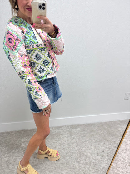 Ida Mae Green Laramie Patchwork Quilted Cropped Jacket *FS