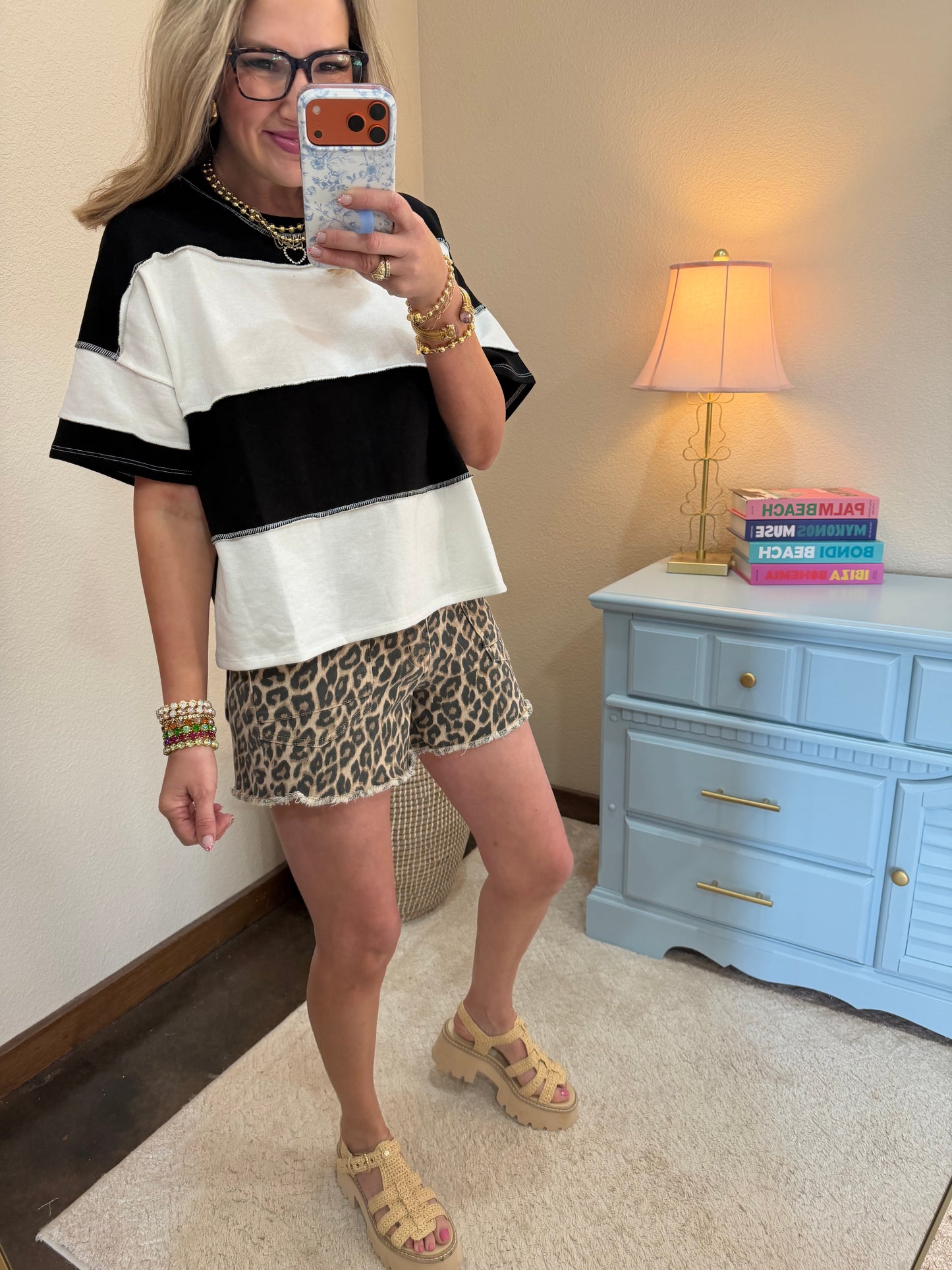 Black French Terry Color Block Exposed Hem Top