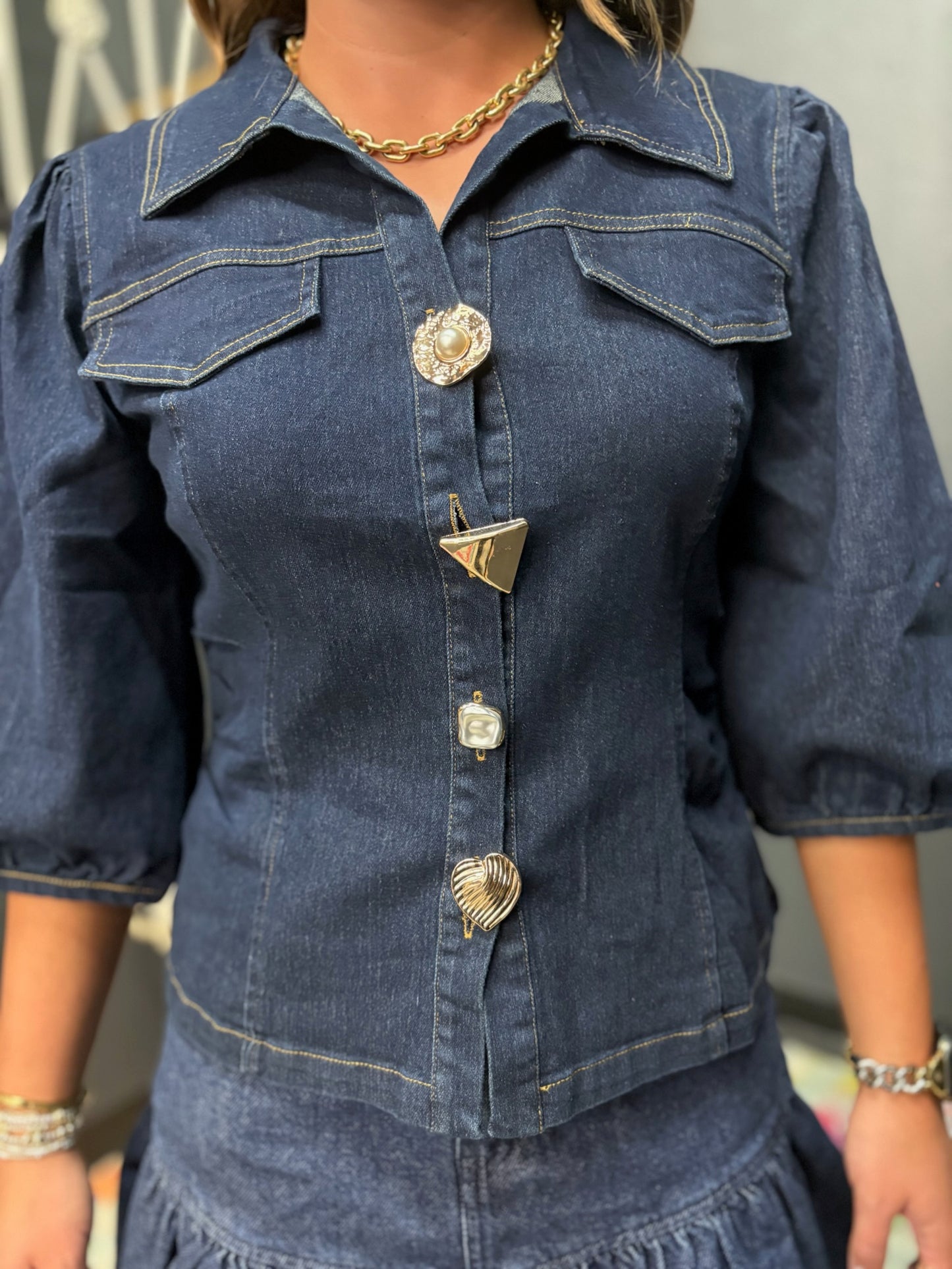 Denim Button Half Sleeve Detail Top