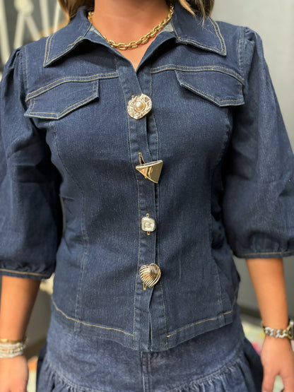 Denim Button Half Sleeve Detail Top
