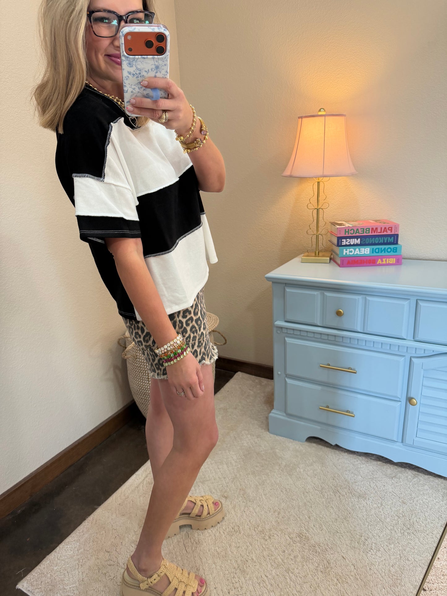 Black French Terry Color Block Exposed Hem Top