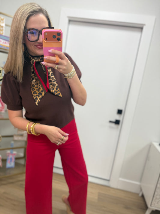 Brown Short Sleeve Puff Sleeve with Detachable Leopard Scarf