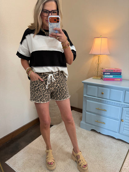 Vervet Drawstring Leopard Denim Shorts