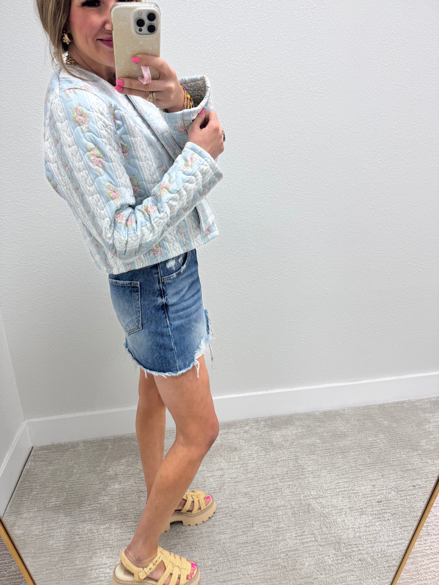 Ida Mae Bella Stripe Blue Quilted Cropped Jacket