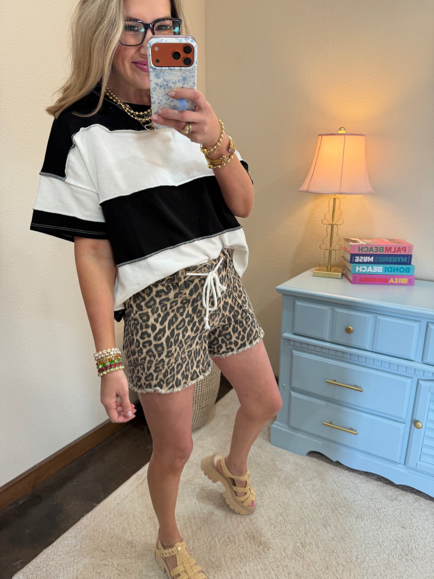 Vervet Drawstring Leopard Denim Shorts