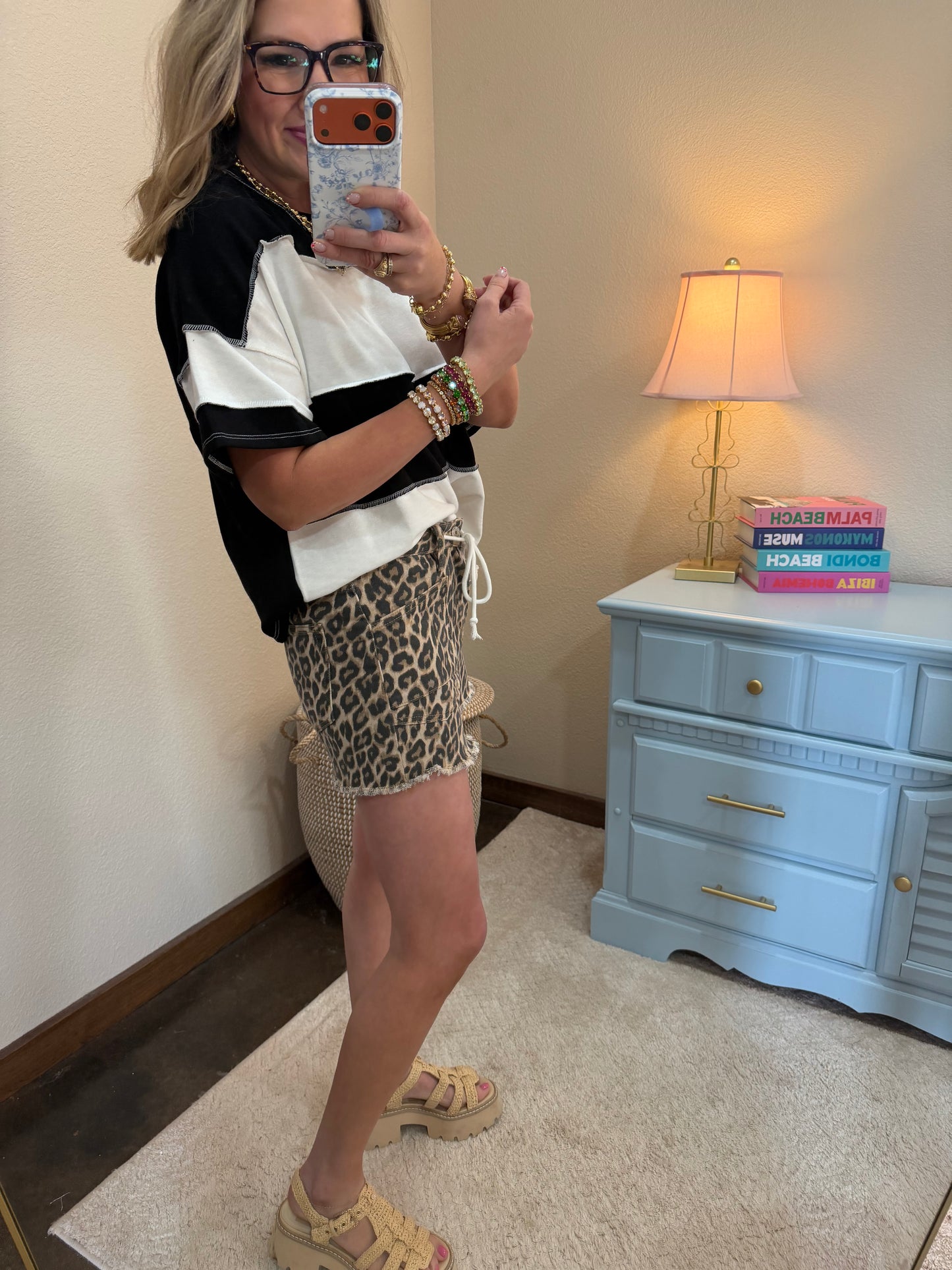 Black French Terry Color Block Exposed Hem Top