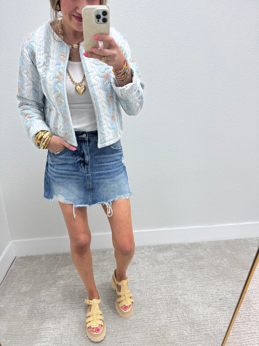 Ida Mae Bella Stripe Blue Quilted Cropped Jacket *FS