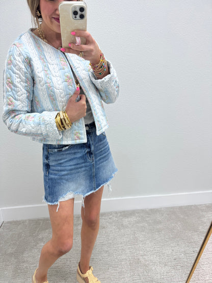 Ida Mae Bella Stripe Blue Quilted Cropped Jacket *FS