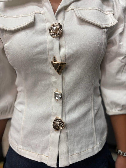 White Denim Button Half Sleeve Detail Top