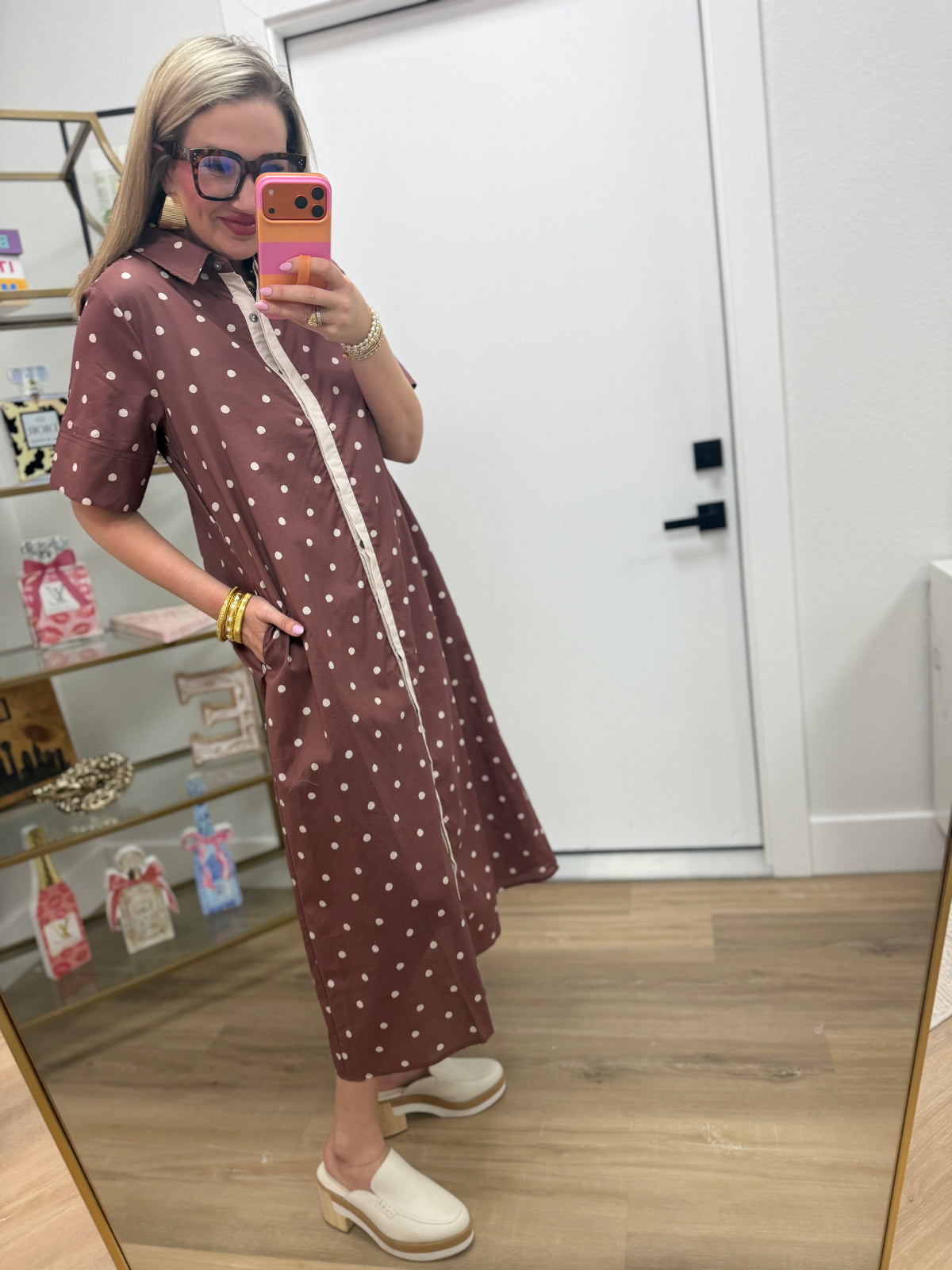 Brown Polka Dot Button Down Dress