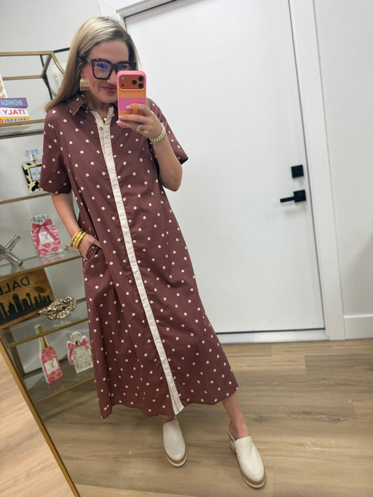 Brown Polka Dot Button Down Dress