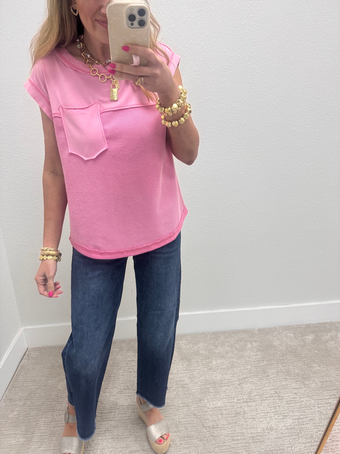 Pink Waffle Contrast Knit Sleeveless Top FS