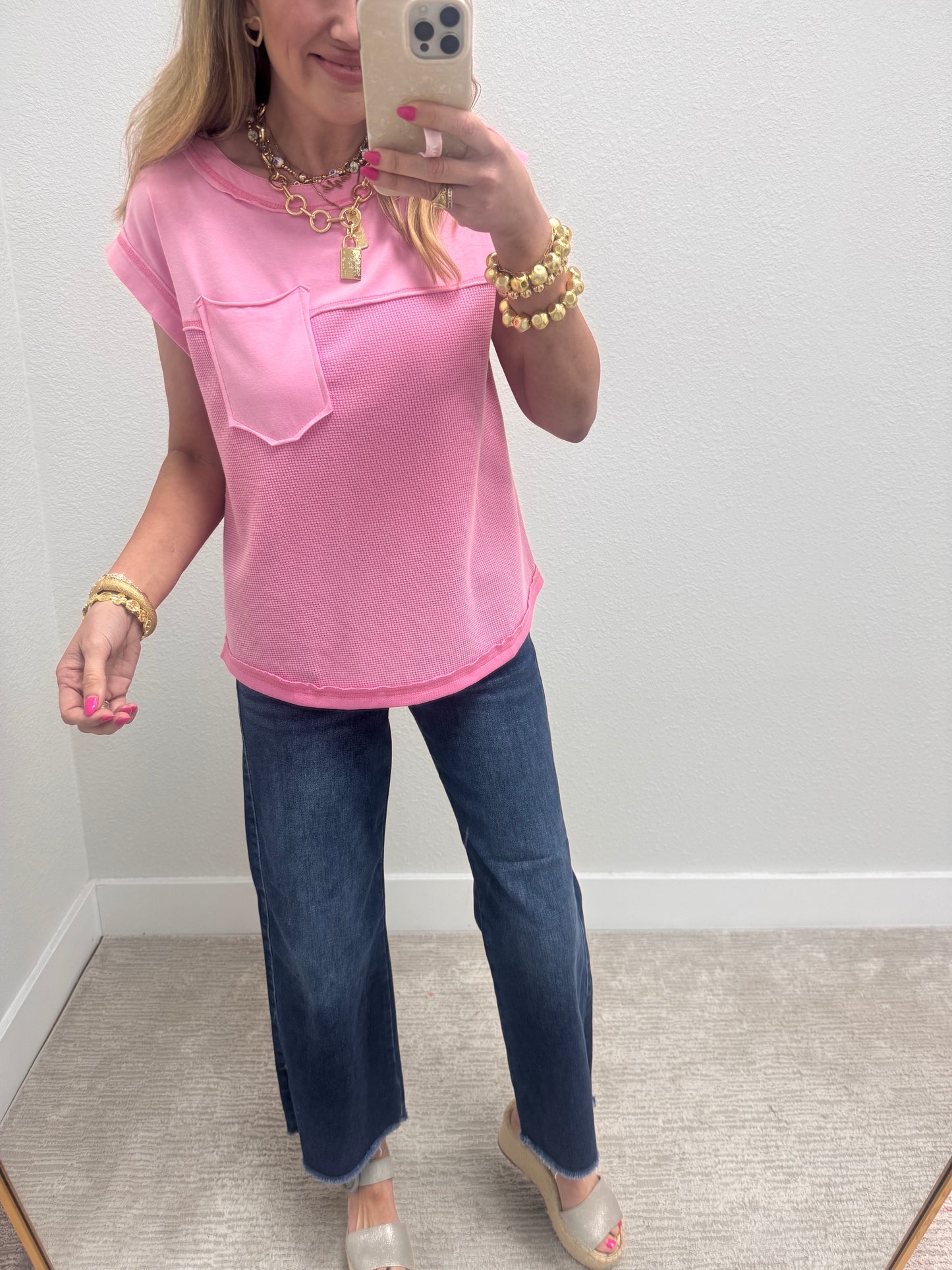 Pink Waffle Contrast Knit Sleeveless Top FS