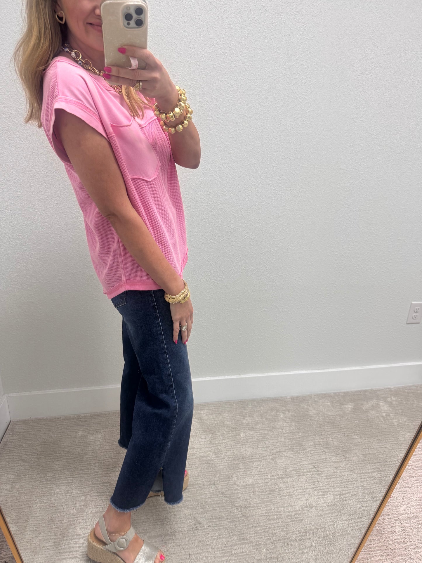 Pink Waffle Contrast Knit Sleeveless Top FS