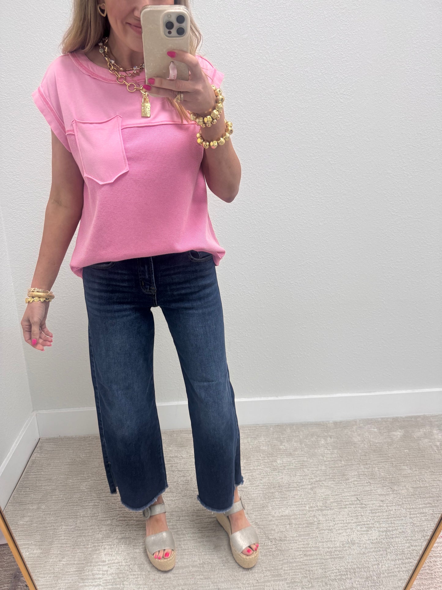 Pink Waffle Contrast Knit Sleeveless Top FS