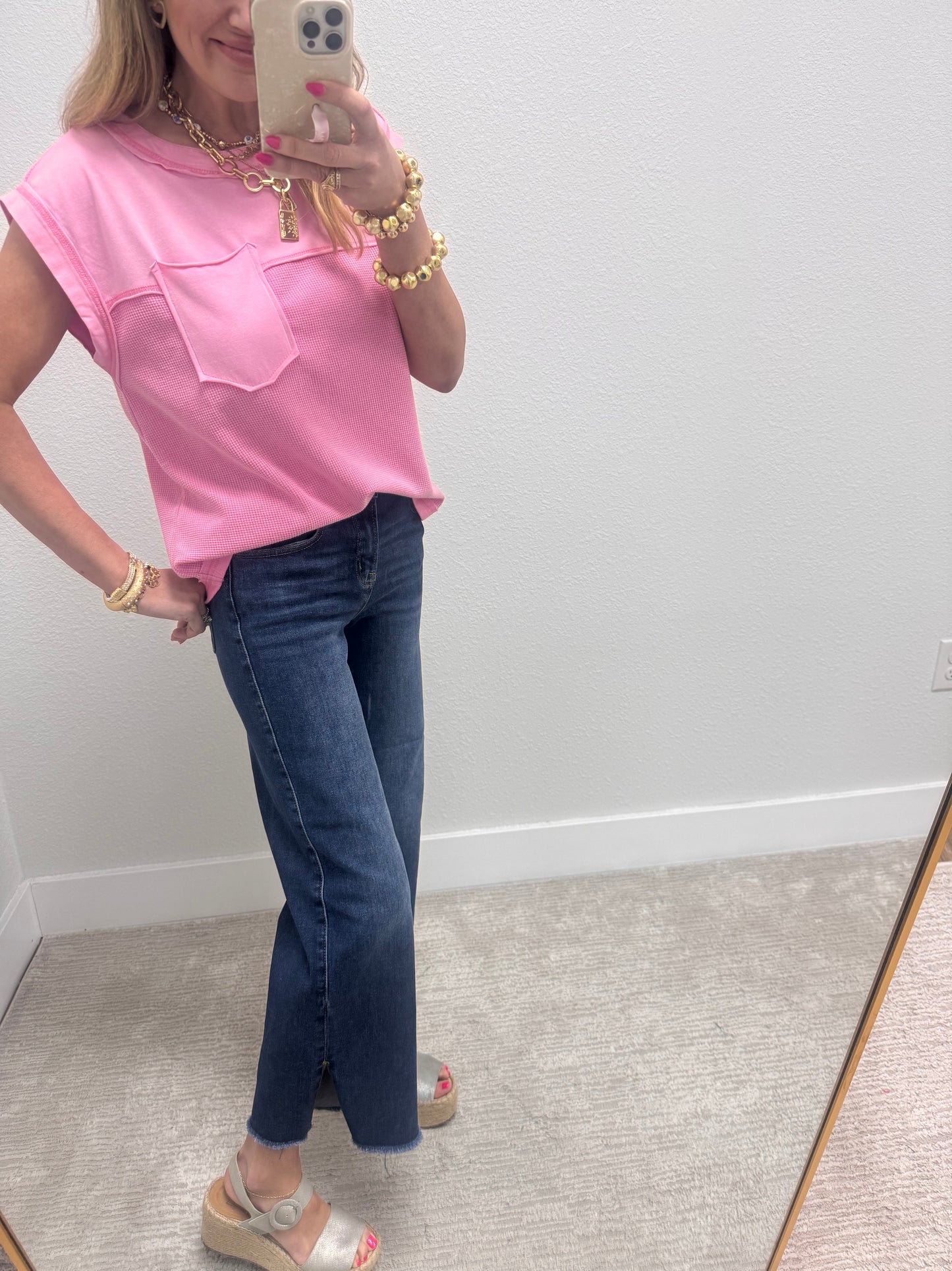 Pink Waffle Contrast Knit Sleeveless Top FS