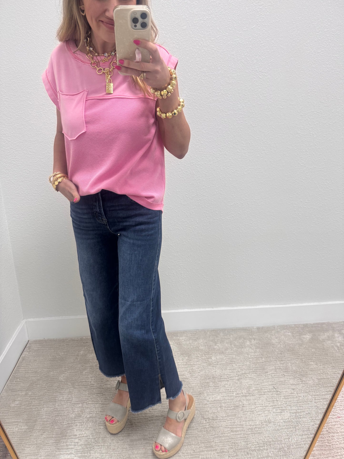 Pink Waffle Contrast Knit Sleeveless Top FS