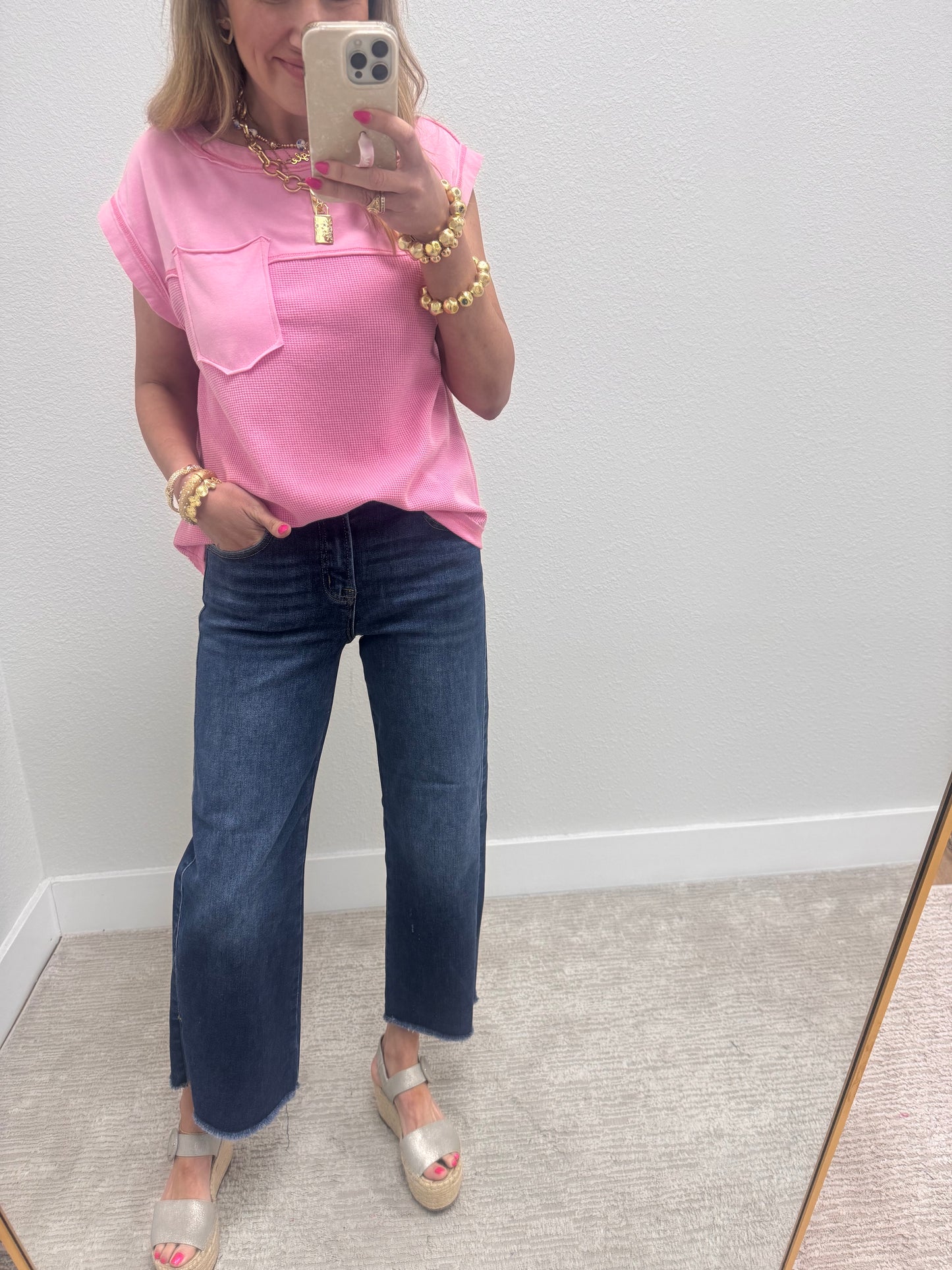 Pink Waffle Contrast Knit Sleeveless Top FS