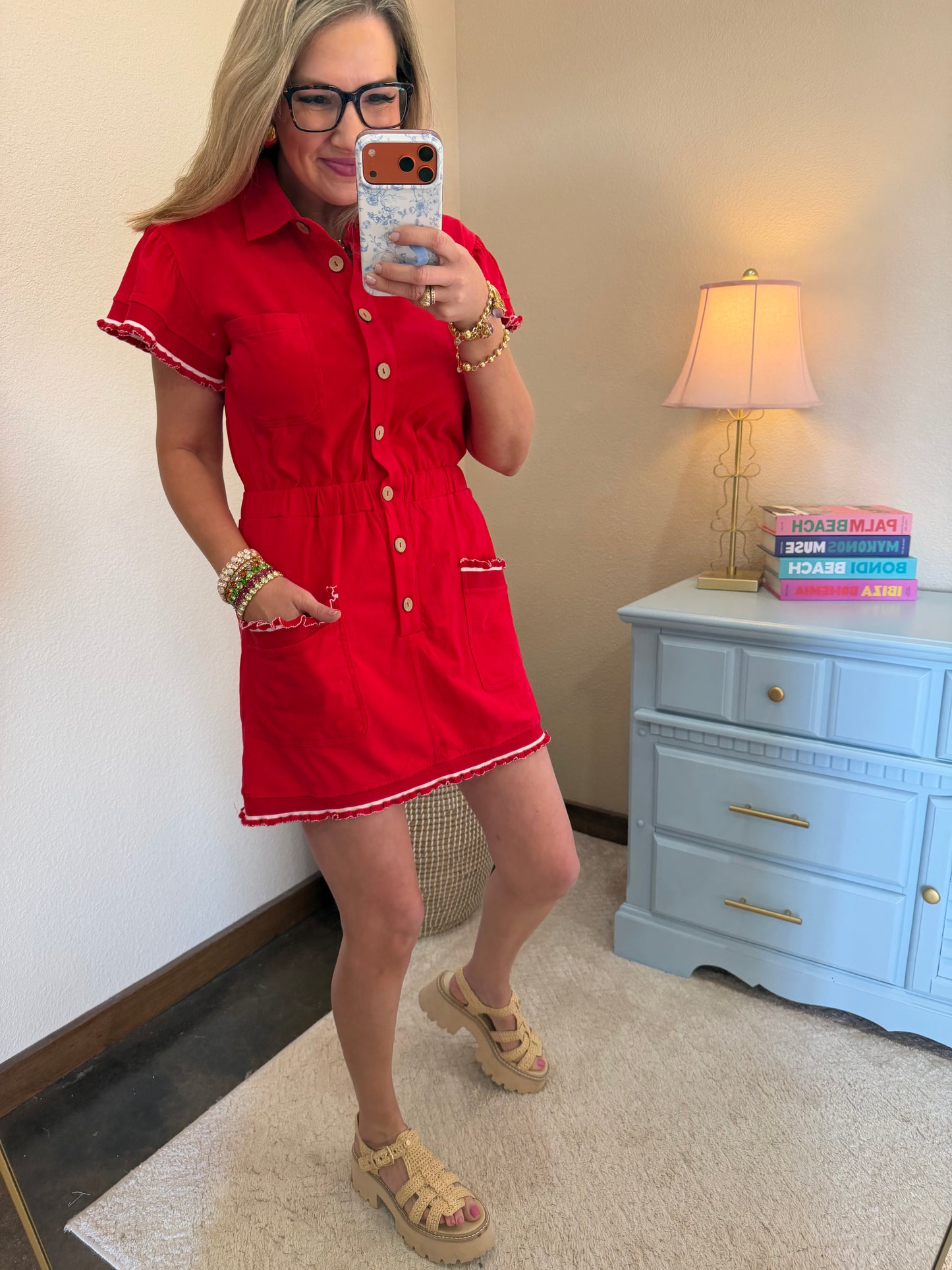 Red Lettuce Detail Skort Dress