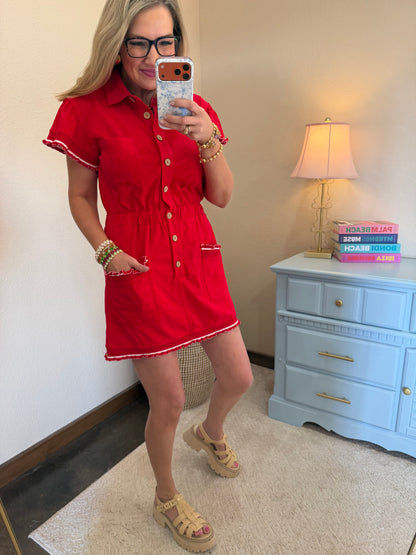 Red Lettuce Detail Skort Dress