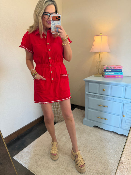 Red Lettuce Detail Skort Dress