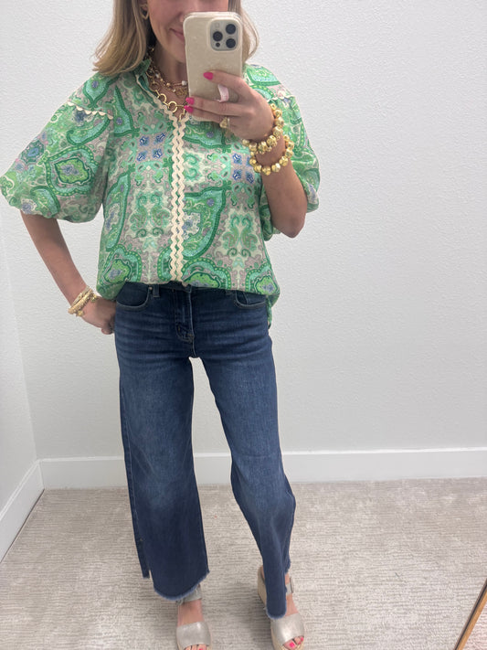 Green Mix Printed Paisley Puff Sleeve Top