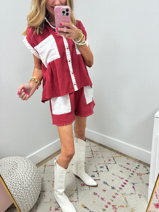 Maroon and White Gauze Crystal Two Piece Set FS