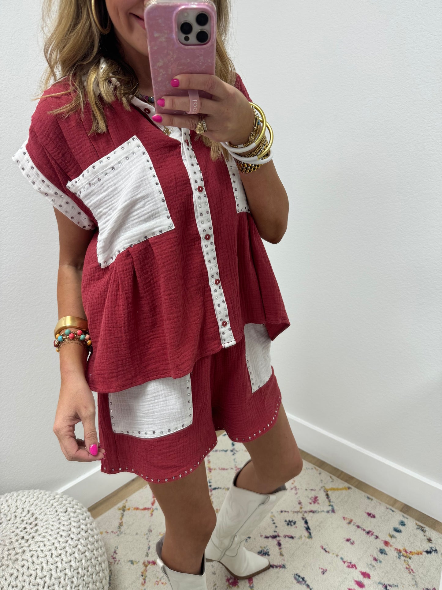 Maroon and White Gauze Crystal Two Piece Set FS