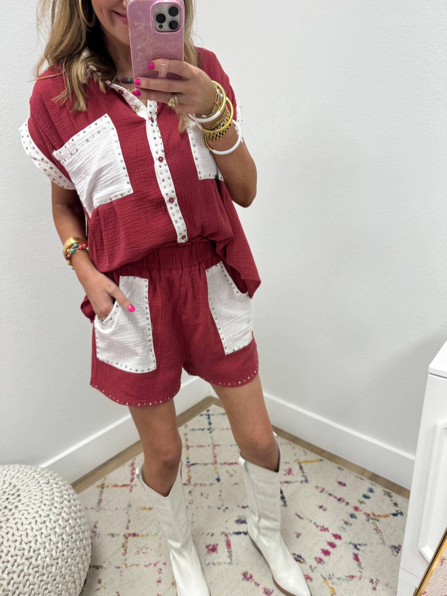 Maroon and White Gauze Crystal Two Piece Set FS