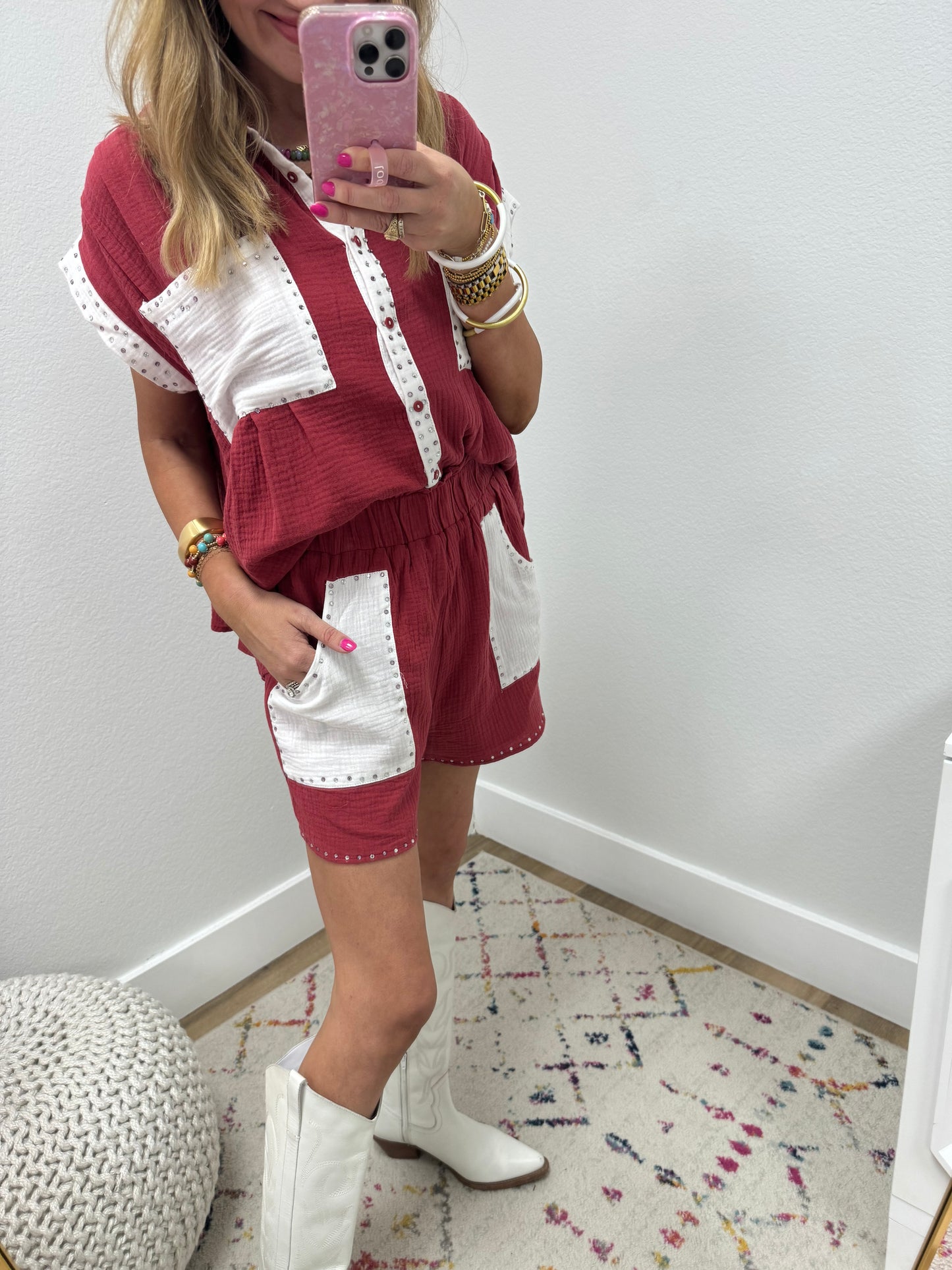 Maroon and White Gauze Crystal Two Piece Set FS