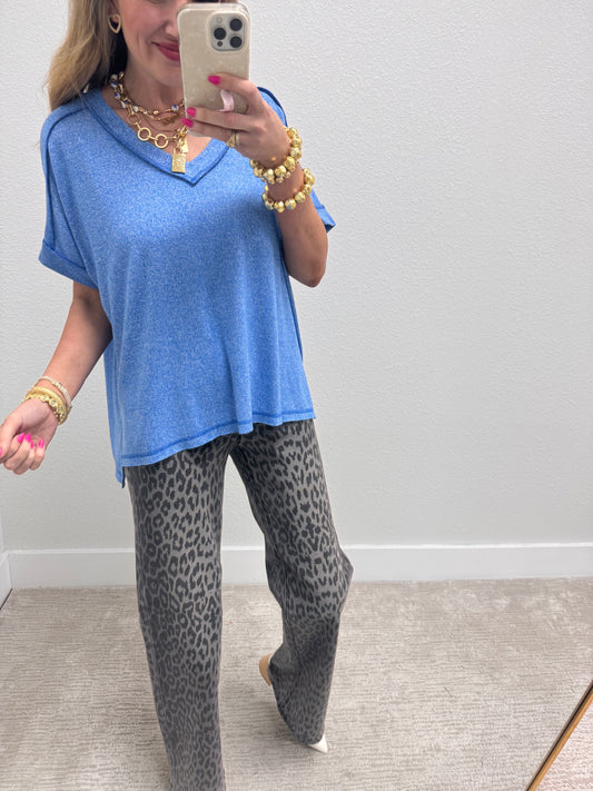 Ocean Blue Melange Hacci V-Neck Hi-Low Tee