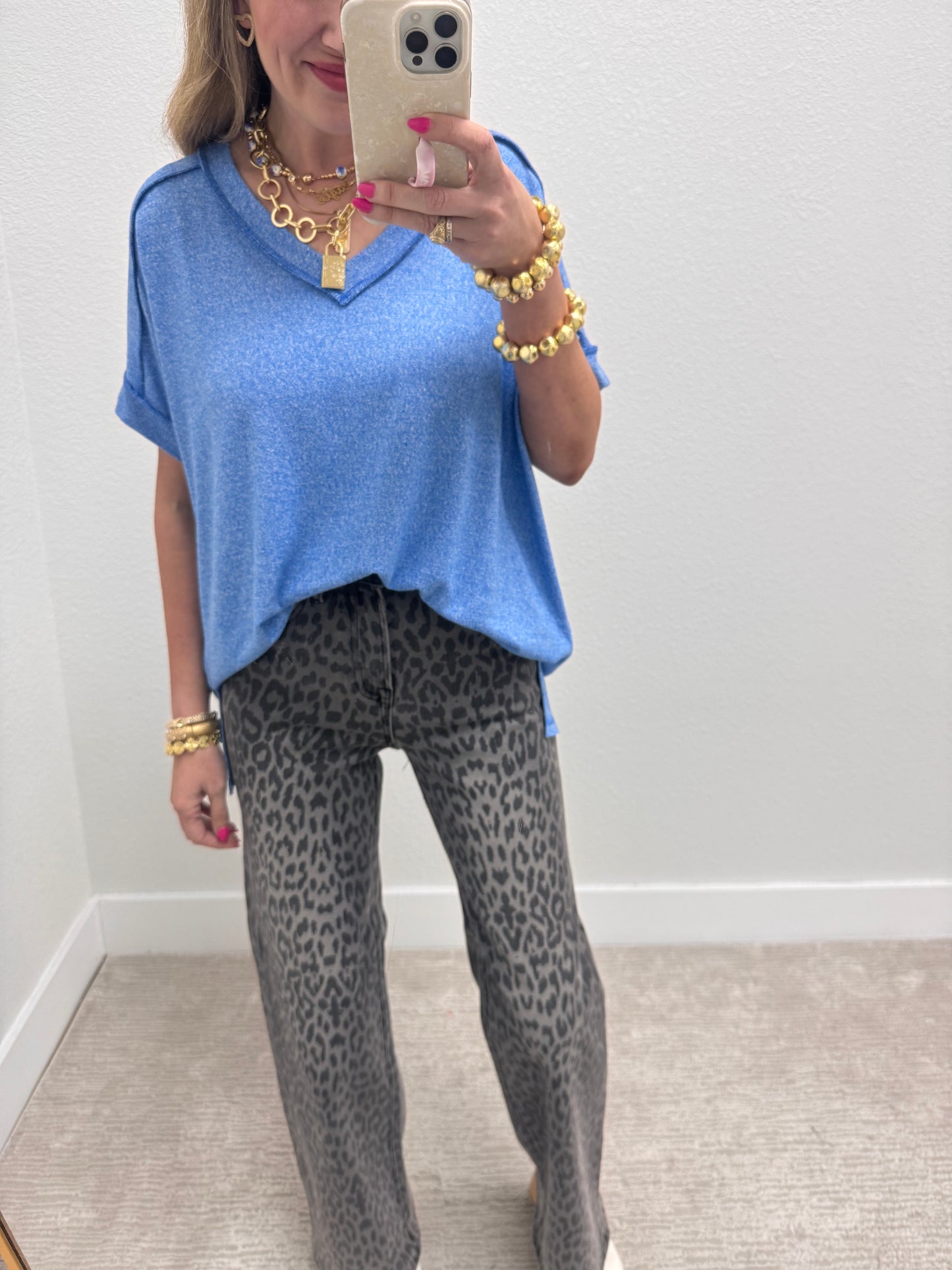Ocean Blue Melange Hacci V-Neck Hi-Low Tee