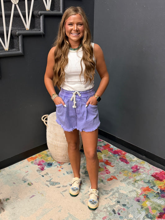 Lavender Washed Fray Hem Denim Shorts